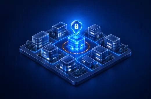 A small neighbourhood where one building is lit in blue, with a locked map pin above it and a ring marking its area.